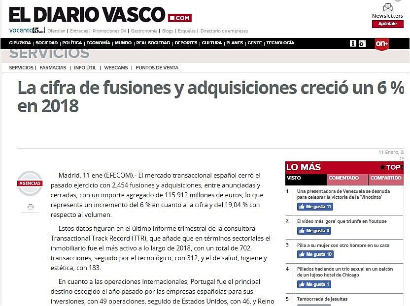 La cifra de fusiones y adquisiciones creci un 6 % en 2018